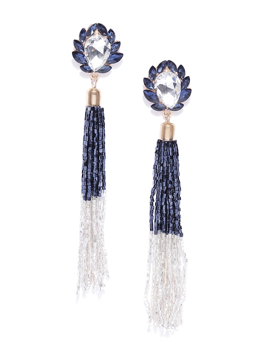 YouBella Navy Blue  Off-White Gold-Plated Stone-Studded  Beaded Tasselled Drop Earrings